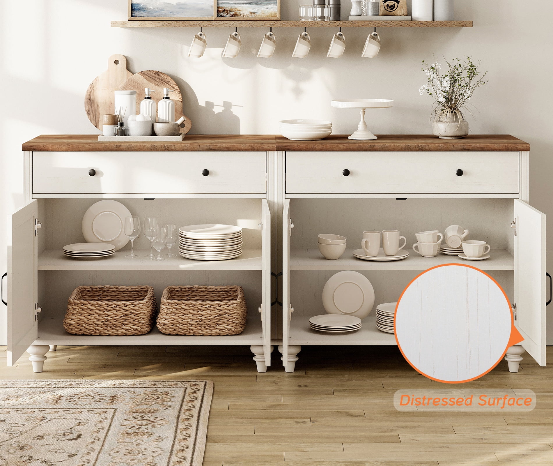Large Sideboards Cabinet with 4 Doors and 2 Drawers, Modern Buffet Cabinet Wood Kitchen Storage Cabinets, Farmhouse Sideboard Credenza for Dining Room, White, 68"