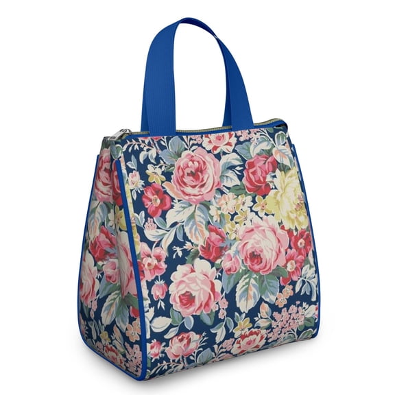Pioneer Flower Floral Print Pattern Insulated Lunch Bag for Women & Adults,Large Portable Soft Cooler Lunch Bag,Thermal Food Storage Tote with Pearl Cotton,8.66L,8.75x5.75x9.5 Inch