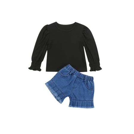 

Canrulo Girls Clothes Set Solid Knitwear Tops Denim Shorts Outfits Set for Baby Girls Black 4-5 Years