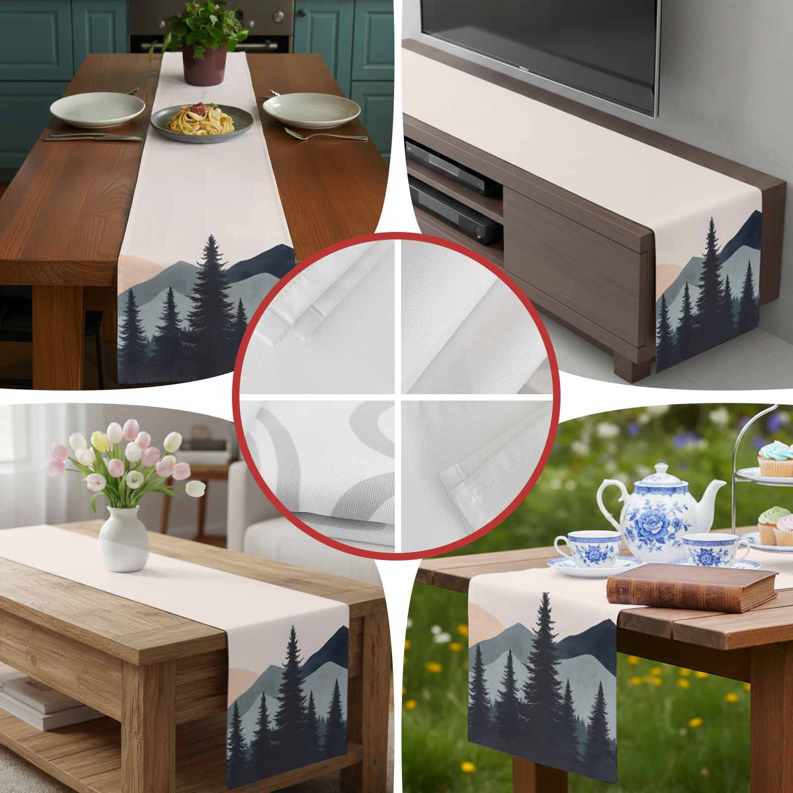 Abstract Tree Mountain Silhouette Table Runner 90 Inches Long, Modern Forest Peaks Landscape Table Runners Tabletop Scarf Kitchen Dining Tables Decoration for Home Party Indoor Outdoor