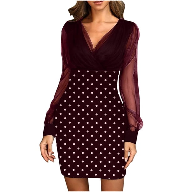 Vestido de fiesta con cuello en V elegante retro sexy de malla con estampado de puntos a la moda para mujer Pompotops hdfakjf7510