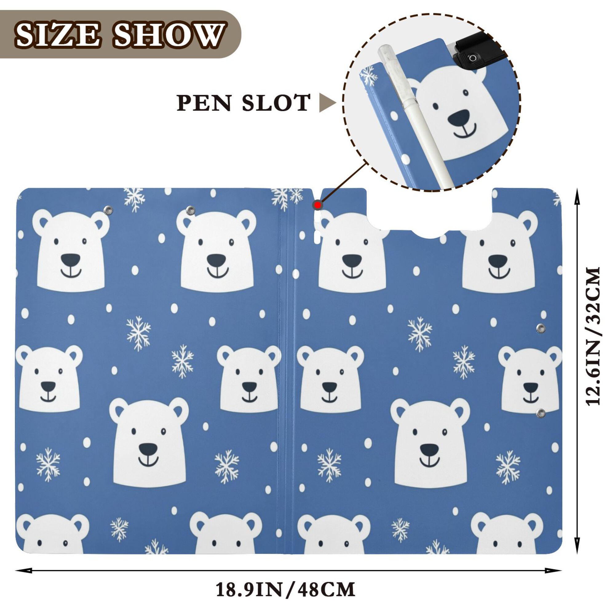 FORMRS A4 Clipboard Folder with Pen Holder Horizontal Foldable School Office Binder, White Polar Bear