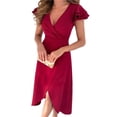 thumbnail image 2 of Women's Surplice Ruffled Cap Sleeve Zip Back Dress 100% Polyester Fabric Slit Detail Elegant Everyday Party Wear, 2 of 14