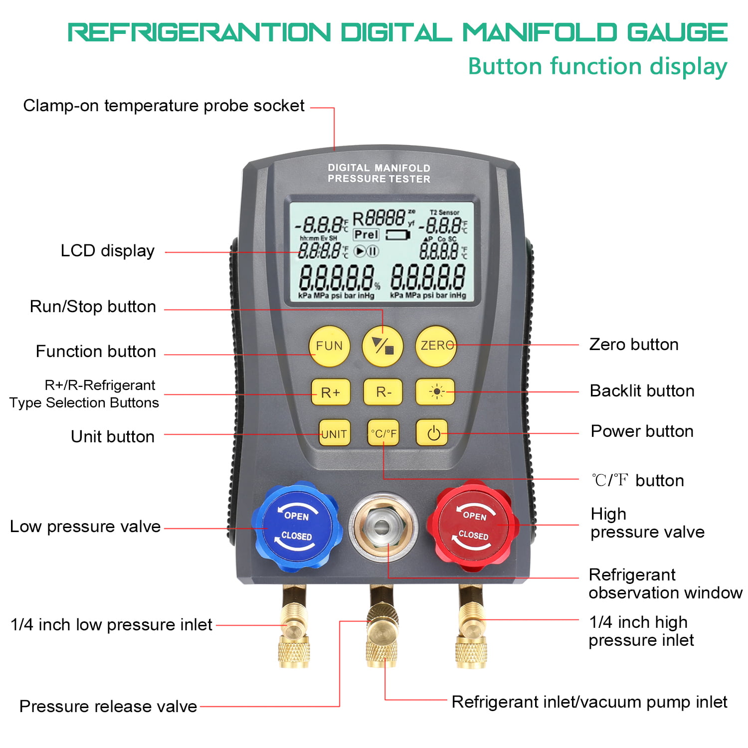 HVAC Vacuum Temperature Tester Refrigeration Digital Manifold Gauge Meter Kit DE 