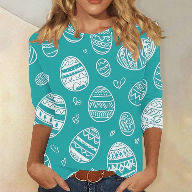 TaTaai Women Casual 3/4 Sleeve Crew Neck Top Easter Print Pullover T-Shirt Ladies Spring Holiday Street Wear Lightweight Soft Non-See-Through No Fading Breathable Stylish Top Gift