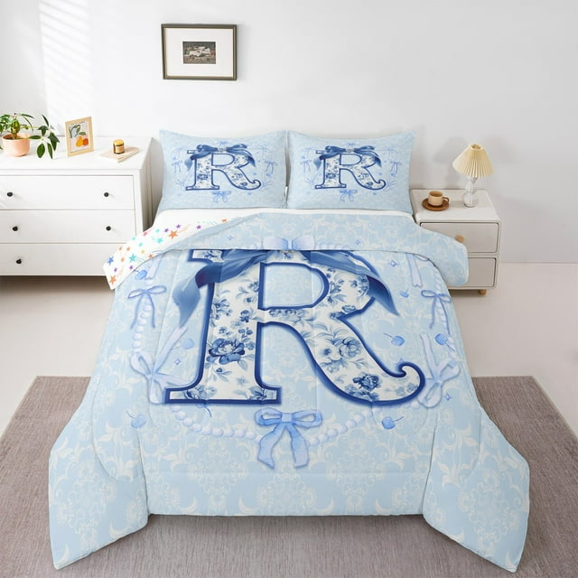 Erosebridal Bow Alphabet Bedding Twin Comforter Set,Blue Flower Down Comforter,Letter Personalized Bedding Sets Twin with Comforter,Microfiber Floral Room Decorative,Reversible,2-Piece