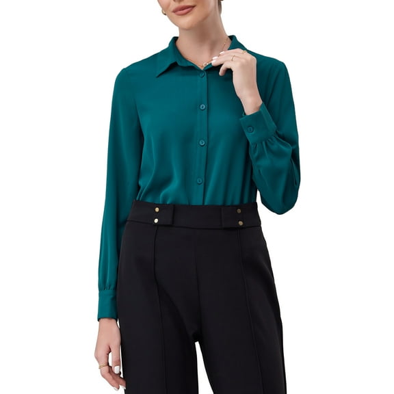 INSPIRE CHIC Women's Long Sleeve Bodysuits Work Button Up Shirt Body Suit S Peacock Blue