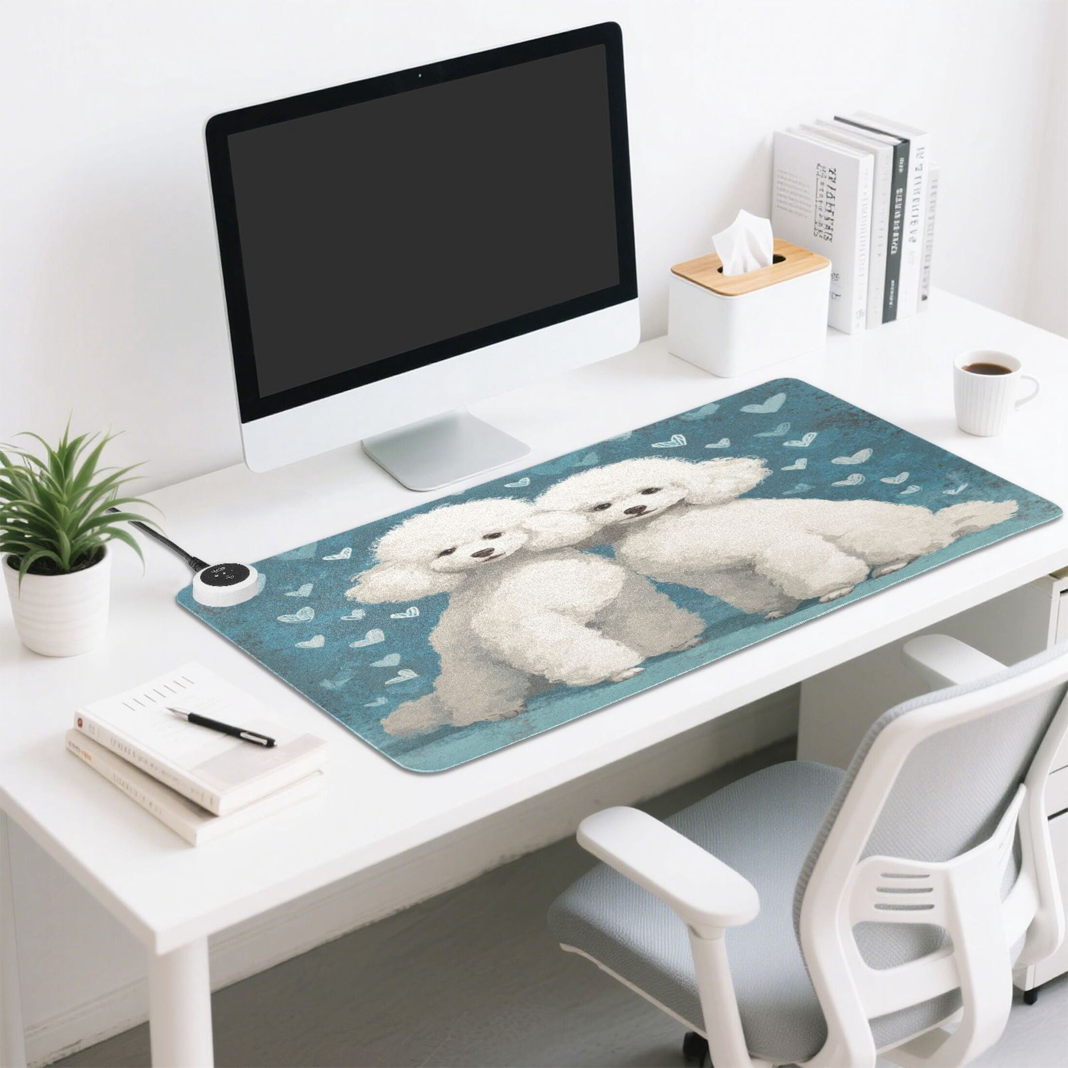 Large Heated Desk Mat Mouse Pad 31.5"x13"PU Leather Graphene Heating Desk Warmer with 3 Temperature Settings 110V US Plug Non-Slip Warm Pad for Home, Office, and Gaming Sweet White Poodle Duo