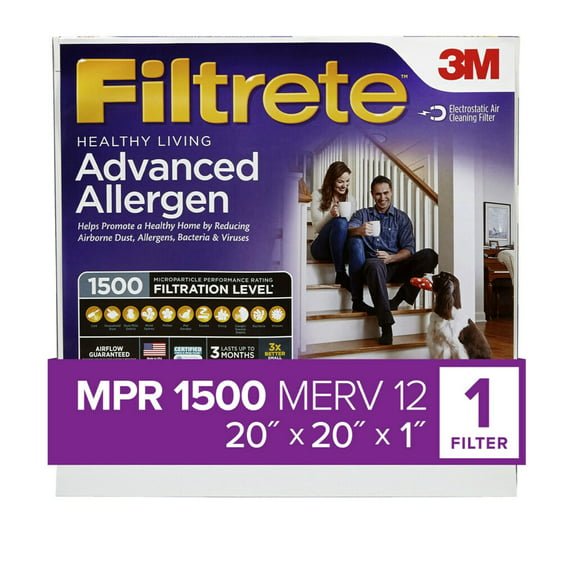 Filtrete 20x20x1 Air Filter, MPR 1500 MERV 12, Advanced Allergen Reduction, 1 Filter