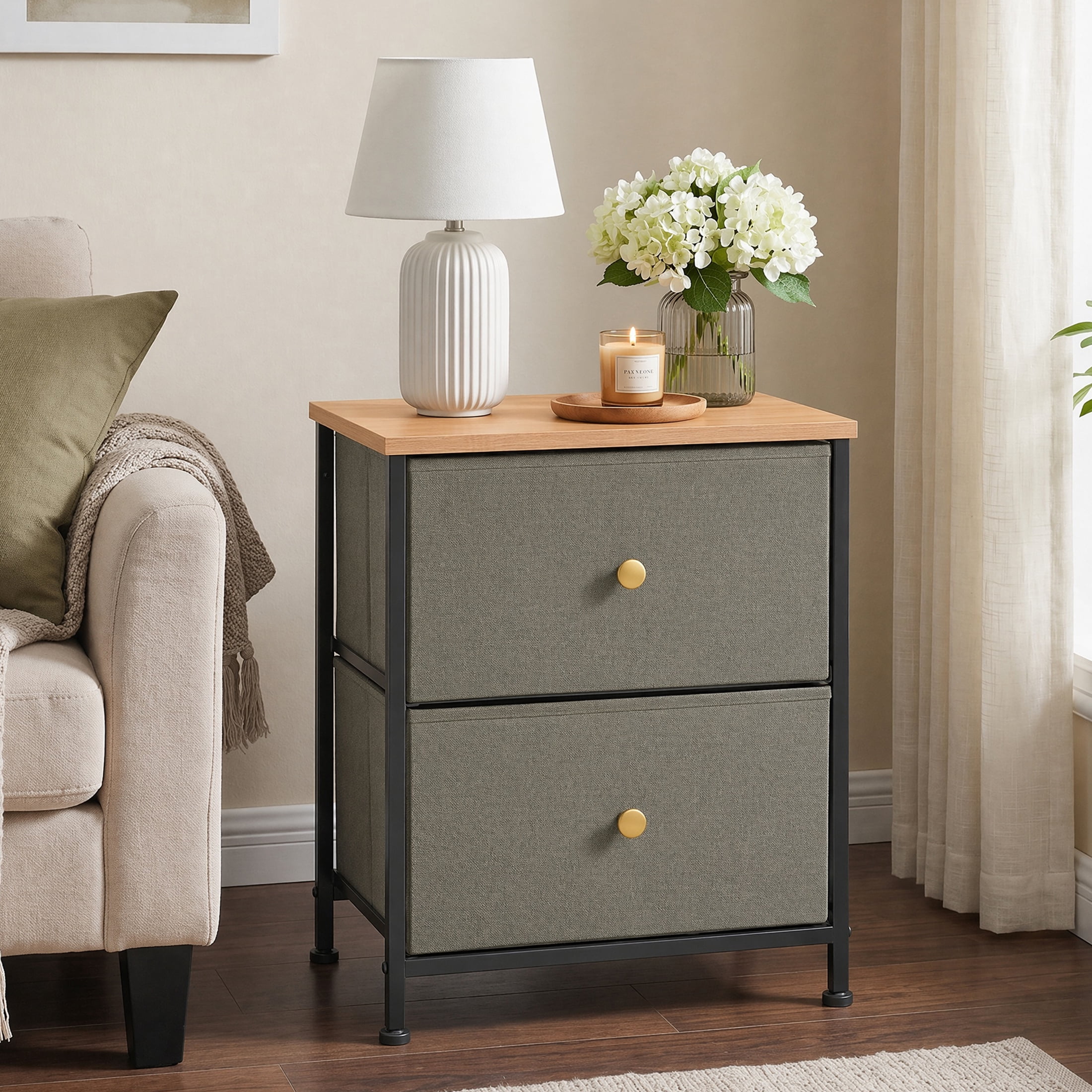 Double Drawer Bedside Table for Bedroom Living Room Storage