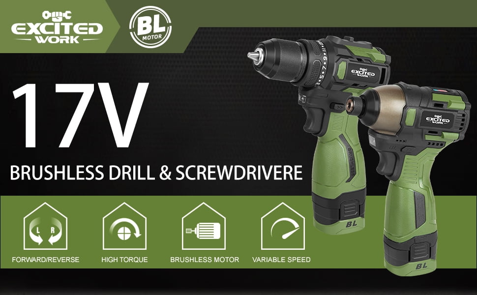17V Brushless Screwdriver Drill Set, 140Nm Cordless Impact Driver & 55Nm Electric Drill with 3 Adjustable Speed
