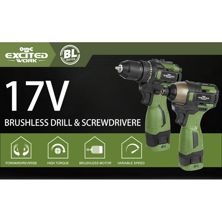 EXCITED WORK 17V Brushless Screwdriver Set, 140Nm Impact & 55Nm