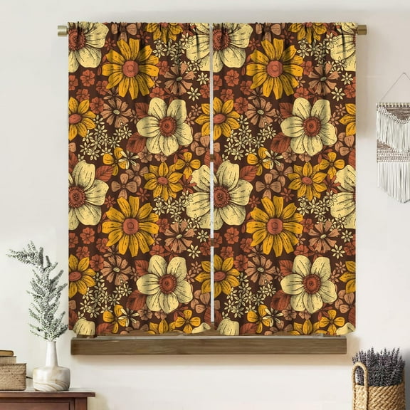 Vintage Floral Curtains, Bohemian Medieval Art Rustic Orange Yellow Lush Flowers Plants Seamless Pattern Drapes, Blackout for Living Room Bedroom Kitchen 26"W x 54"L (Pack of 2)
