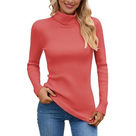 Sweaters for Women High Neck Pullover Soft Turtleneck Top Warm Knit Blouse Comfortable Long Sleeve Shirt For Winter Womens Sweaters Watermelon Red ONE SIZE