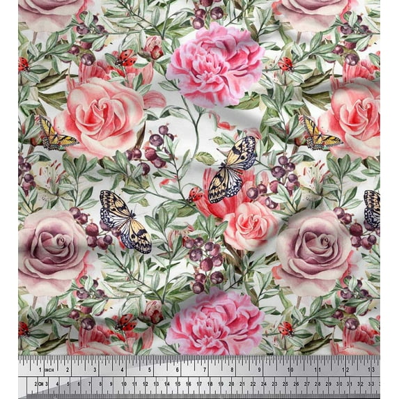 Soimoi Orange Cotton Jersey Fabric Insect,Leaves & Rose Flower Decor Fabric Printed BTY 58 Inch Wide