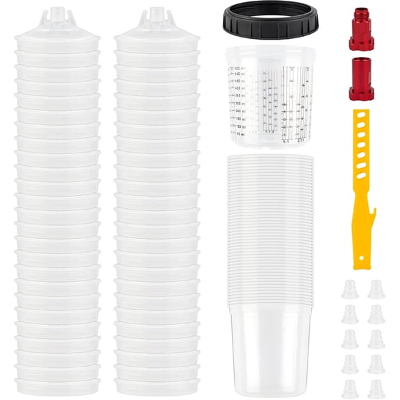 Disposable Paint Mixing Cup System 20oz (600ml) Kit - 50Pack Paint Cups with Lids, Hard Cup with Retainer Ring, 10PCS Plugs, 2 Cup Adapter, Paint Stirrer for Automotive Paint Gun