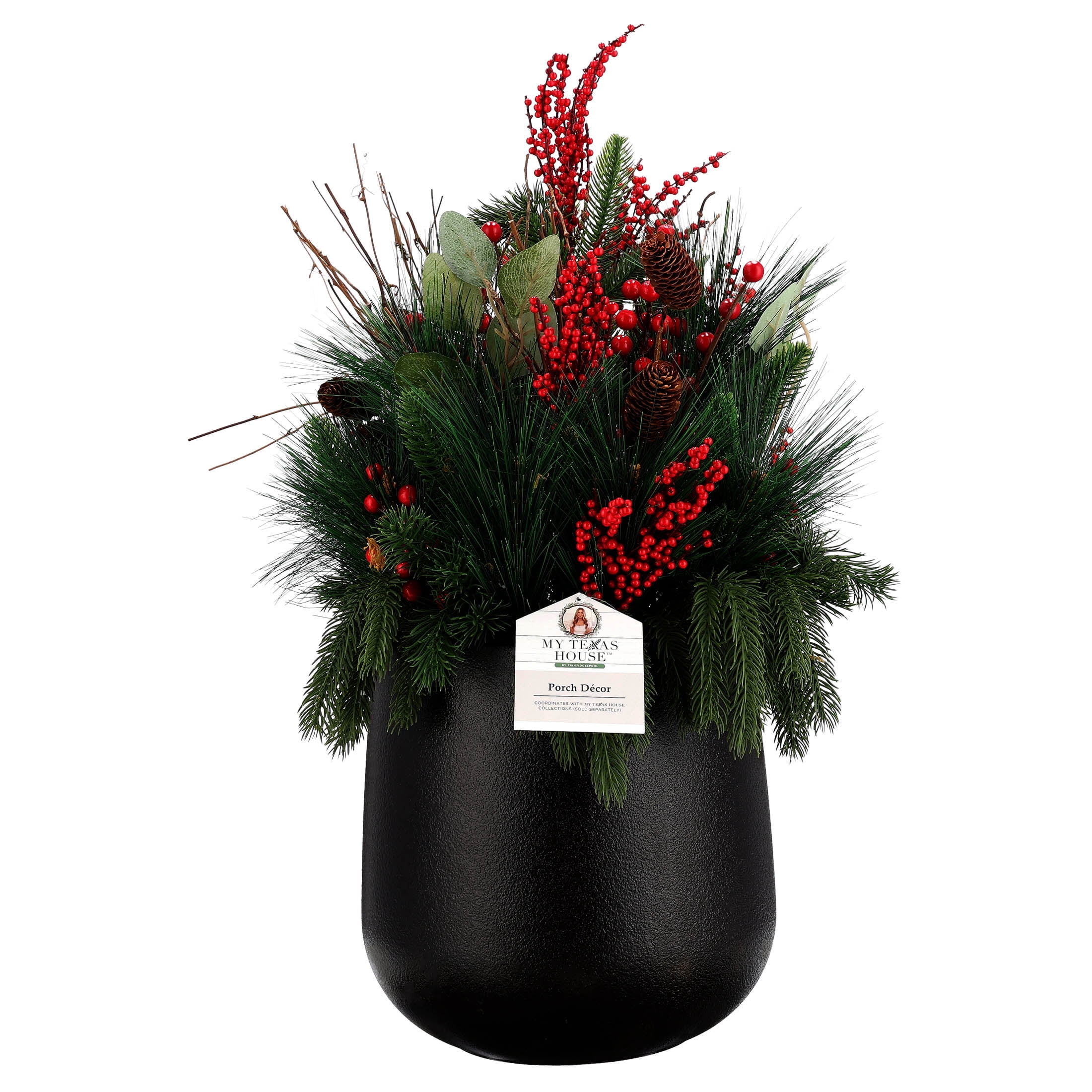 My Texas House Greenery and Berries Christmas Arrangement in Pot, Red/Green/Black, 30"