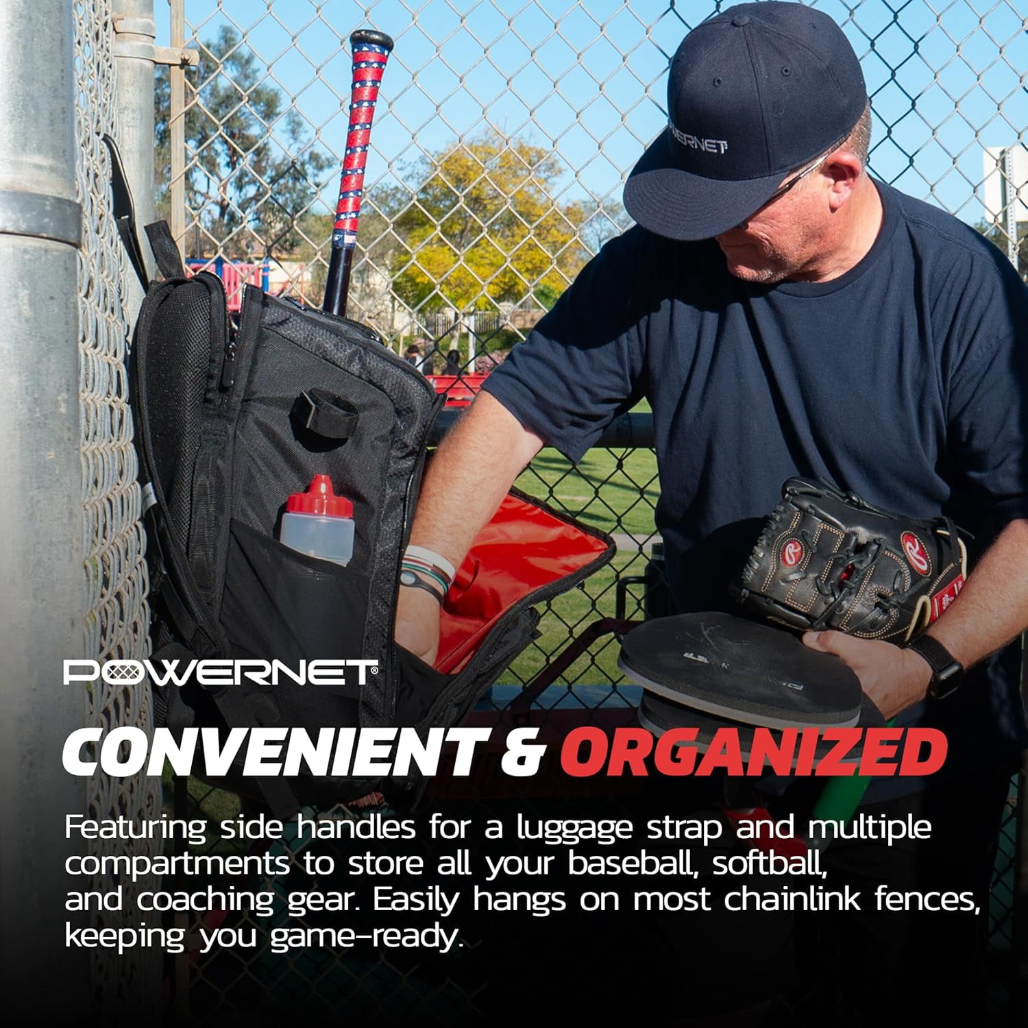 PowerNet Coach's Baseball Backpack, Softball & Baseball Bag for Coaching Gear with Laptop Sleeve and Zippered Pockets, Coach Bat Bag with Chain-Link Fence Hook and Luggage Strap