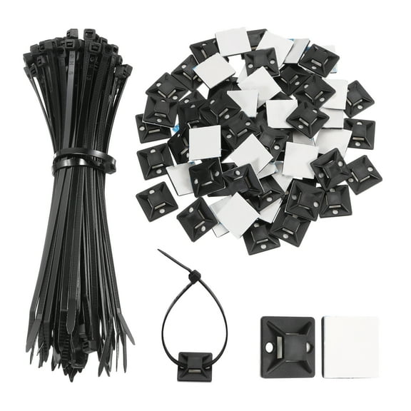 Uxcell 100Set Cable Tie Zip Self Adhesive Mounts Set 8 Inch Nylon Cable Tie Black