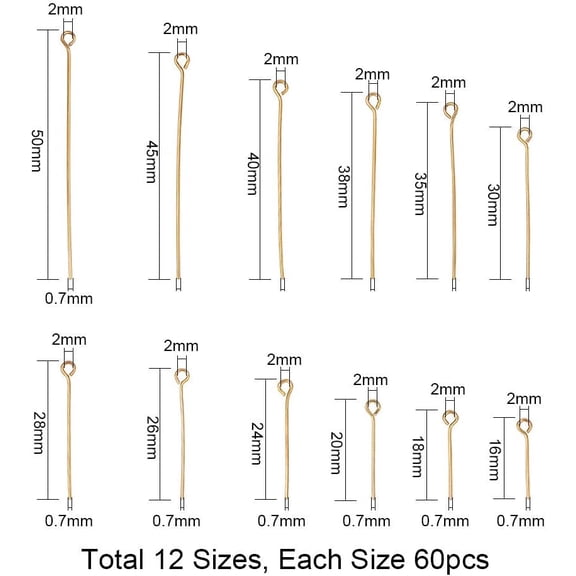 720pcs 12 Sizes Brass Open Eye Pin Golden Head Pins Findings for Jewelry Making