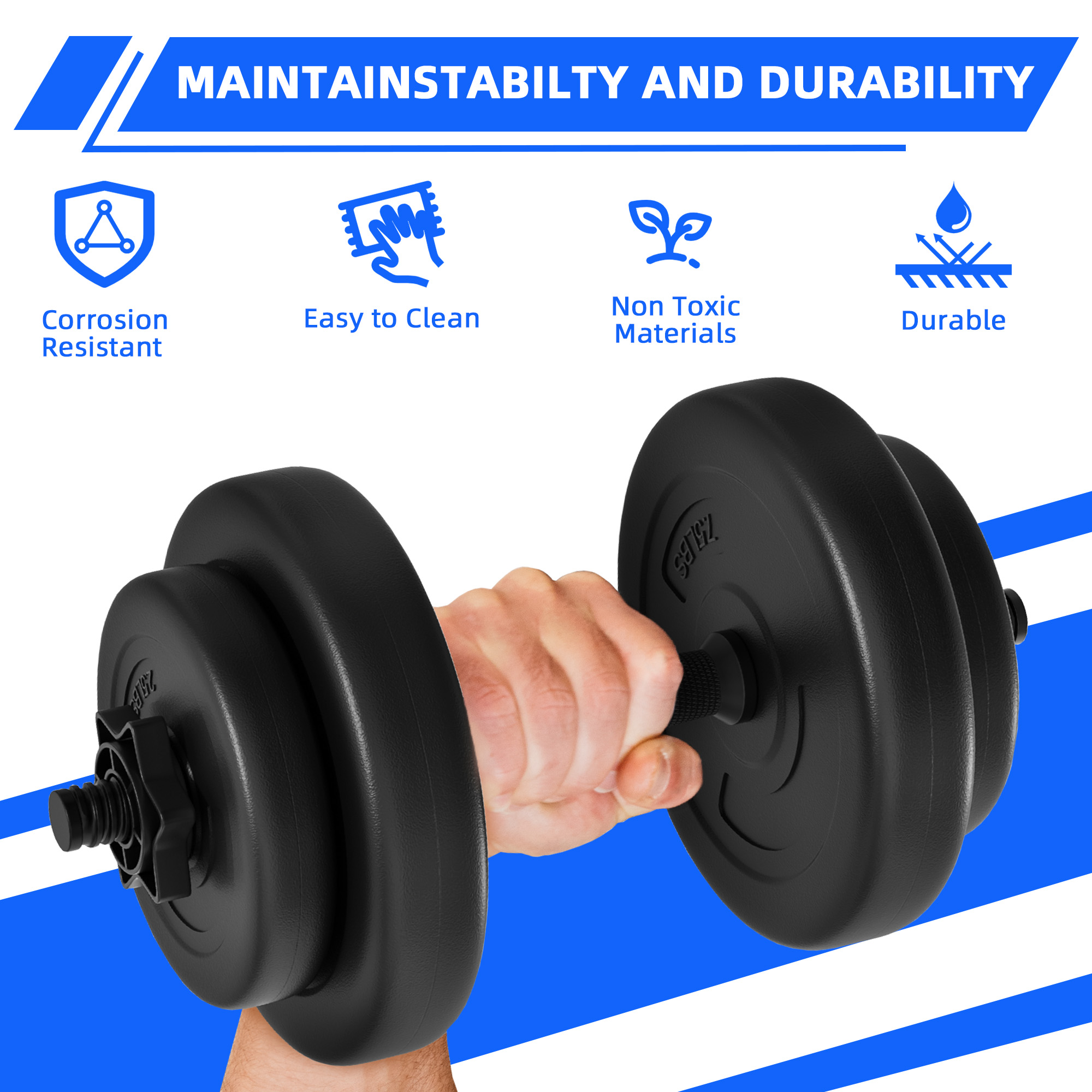 Signature Fitness 40LB Adjustable Dumbbell Set, Sand-Filled Vinyl Plates, 1-Inch Bar with Spin-Lock Collars, Black