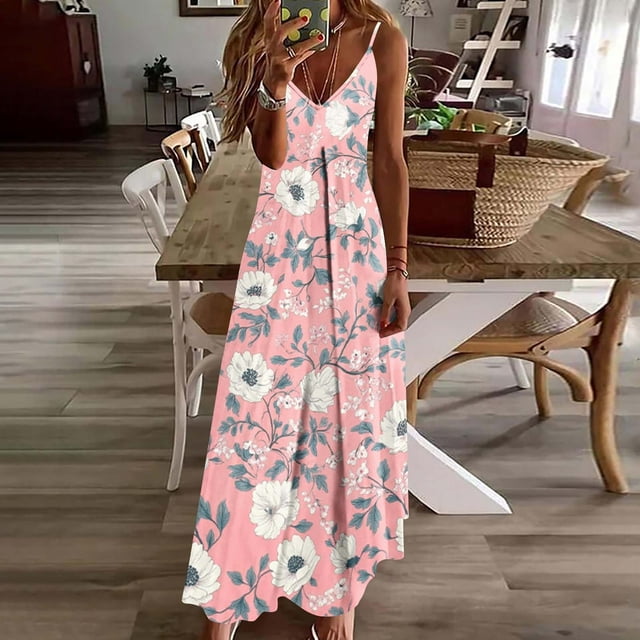 TaTaai Ladies Trendy Print Round Neck Sleeveless Long Dress Ankle Length Soft Comfy Breathable Casual Daily Dating Vacation Outfits Gift