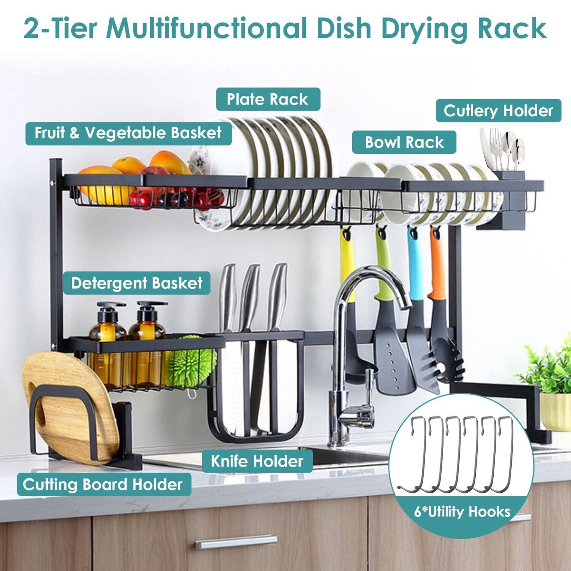  Over The Sink Dish Drying Rack Adjustable (32.6-37), 2 Tier  Large Capacity Stainless Steel Expandable Dish Drainer for Kitchen  Organizer Storage Space Saver, All In One with 10 Functional Parts