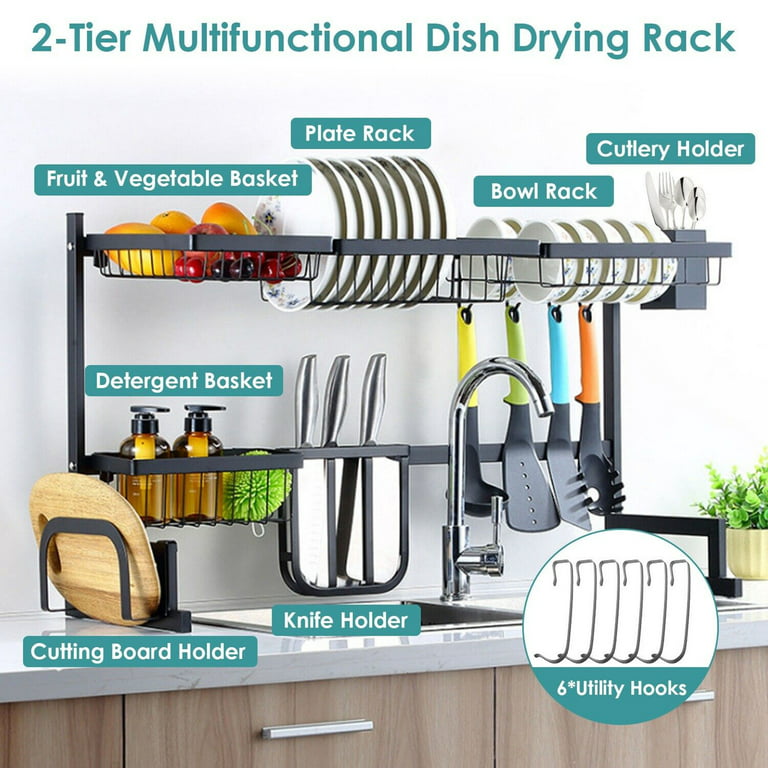 PUSDON Adjustable Dish Drying Rack Over Sink (33-45) 3 Tier, 2 Cutlery  Holders Large Drainer for Kitchen Storage Counter Organization, Stainless