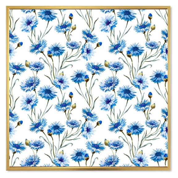Designart 'Blue Cornflowers With Green Leaves On White II' Traditional Framed Canvas Wall Art Print