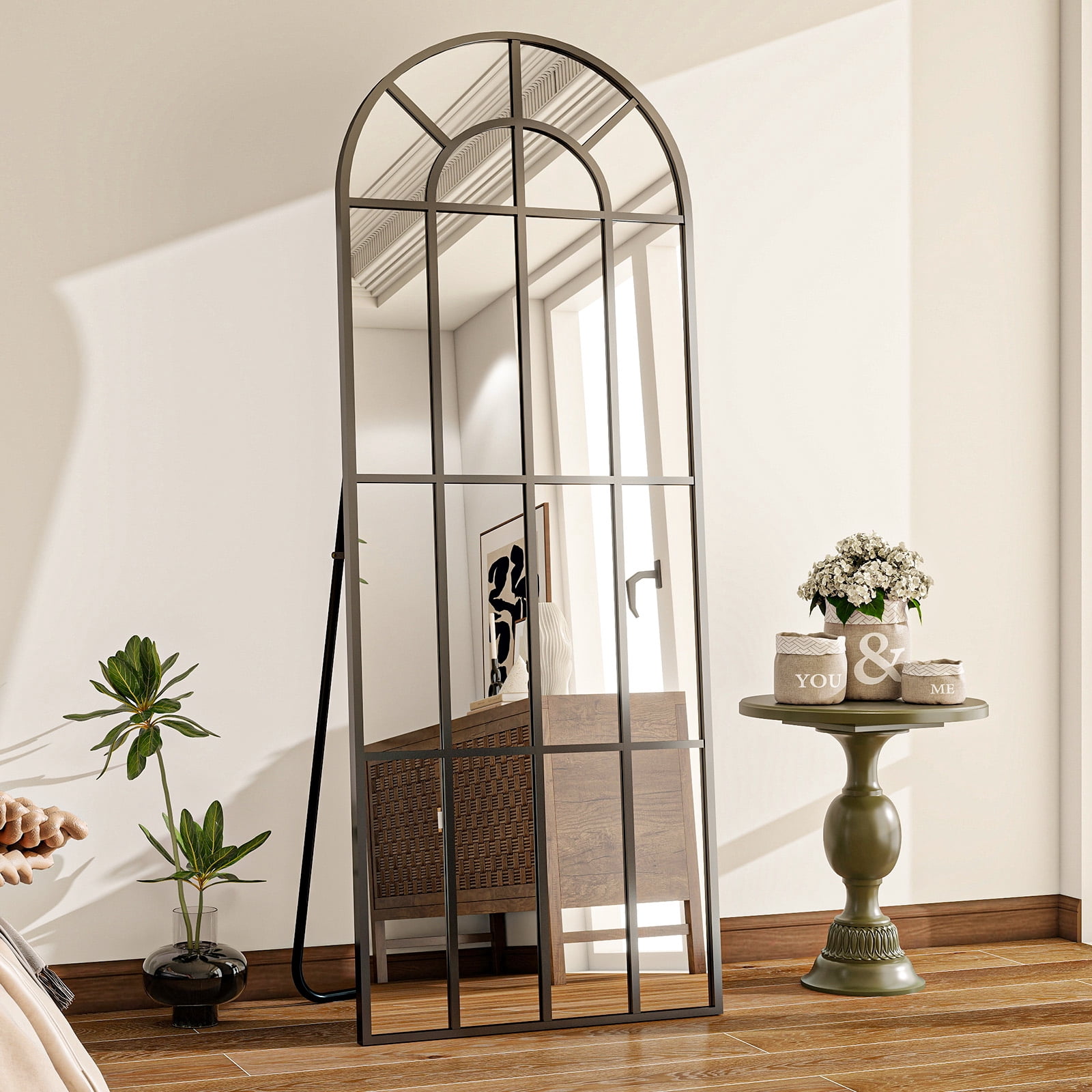 Mirstory 69"x25" Arched Windowpane Floor Mirror Wall-Mounted Full Length Mirror, Black