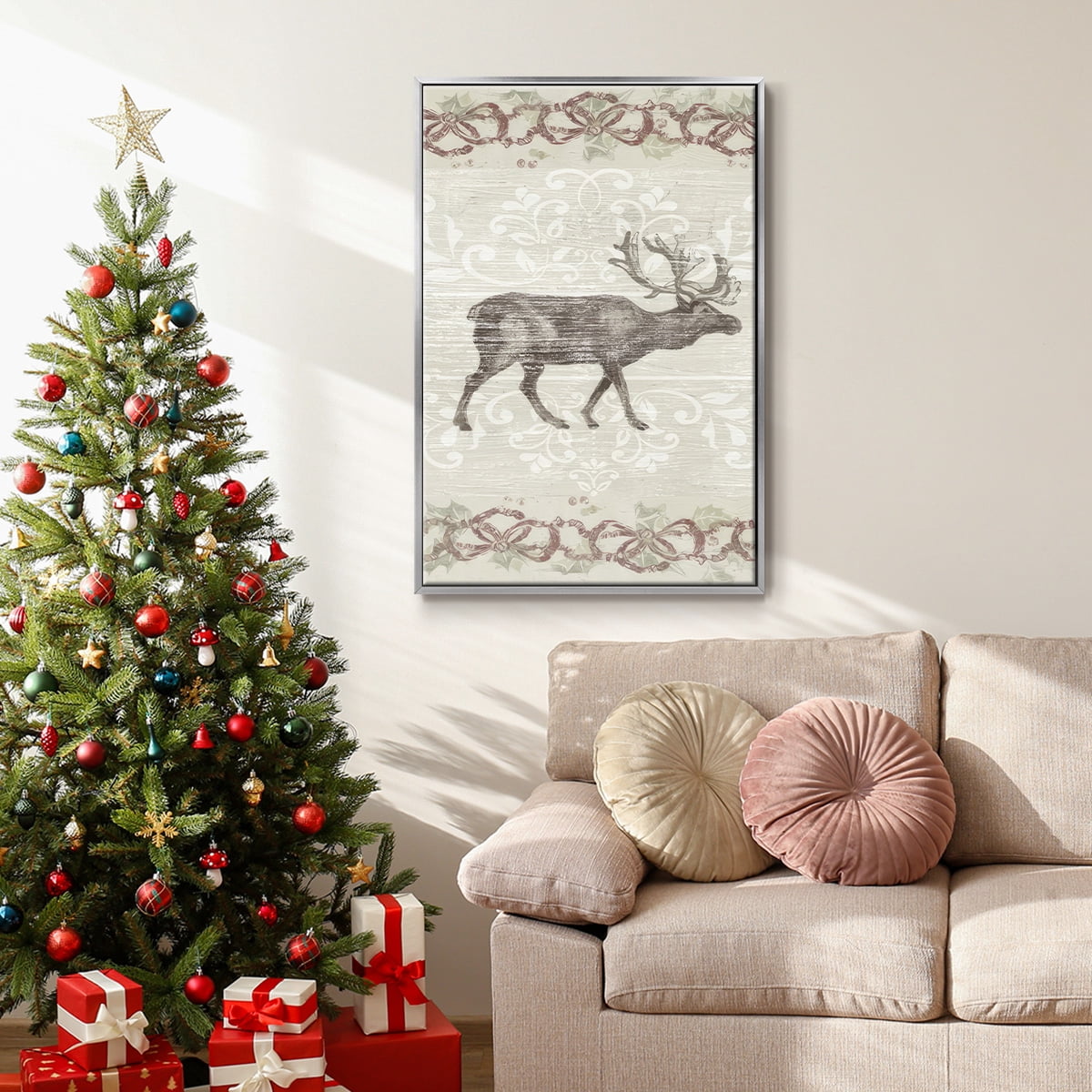 Cabin Christmas Collection B - Framed Gallery Wrapped Holiday Canvas - 17 x 25 - Silver Frame