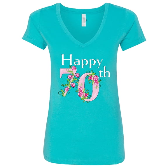 Inktastic Happy 70th Birthday with Roses Women's V-Neck T-Shirt
