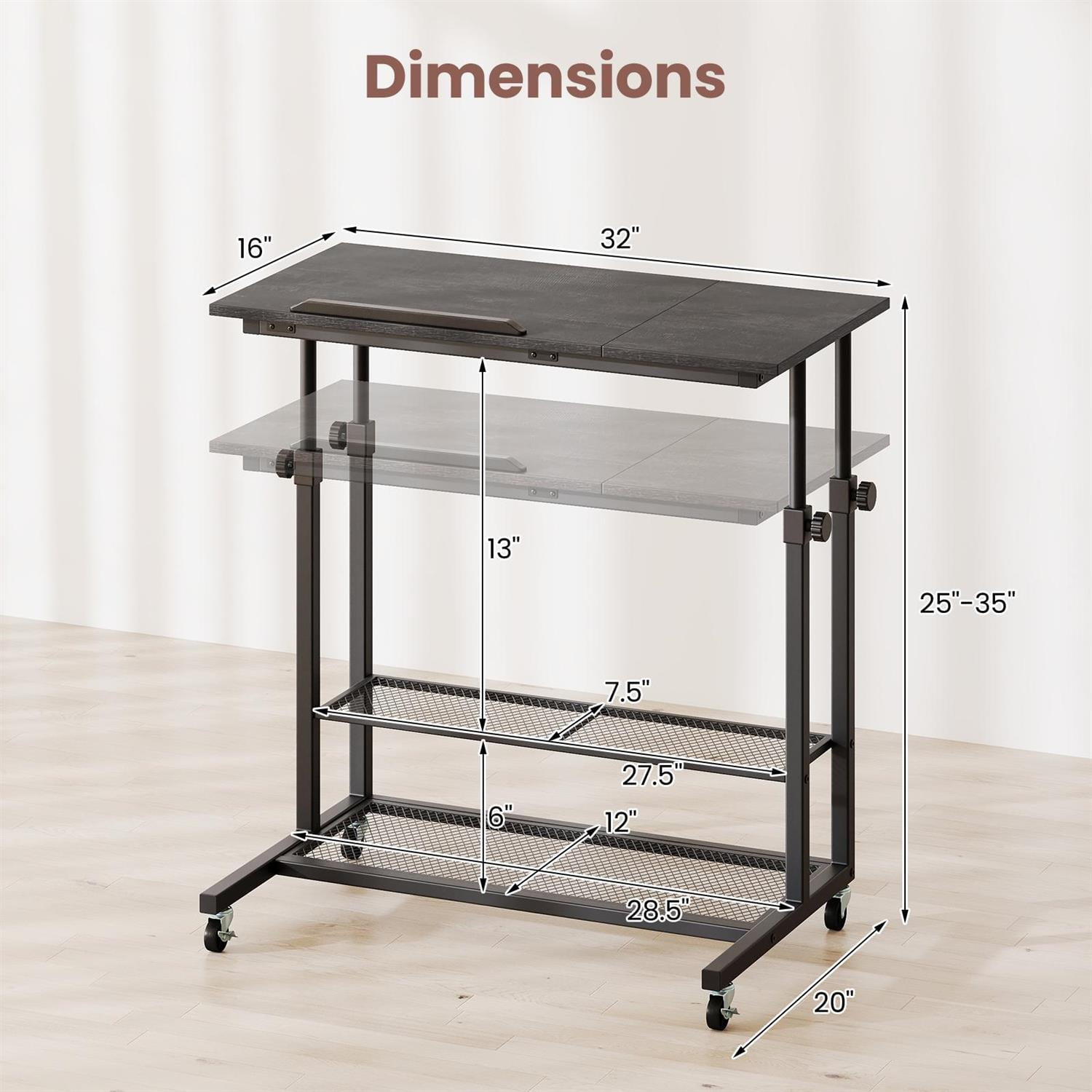 Spaco Mobile Height-Adjustable Standing Desk - Rotary Knobs Mesh Shelves, Tilting Tabletop, Oak