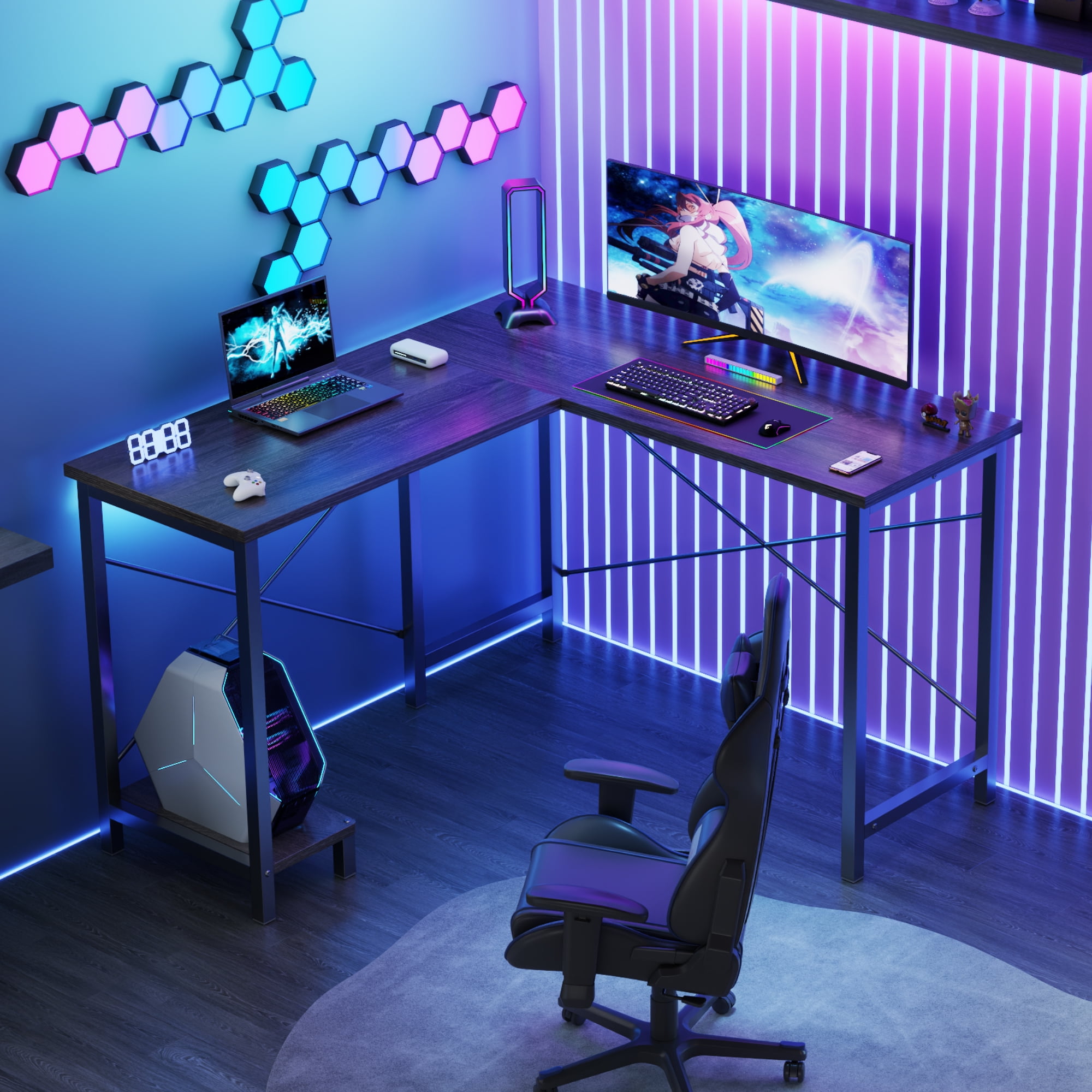 JIOABL 50" L-Shaped Corner Gaming Desk with Reversible CPU Stand, Waterproof Desktop & Metal Frame, Wood Gray