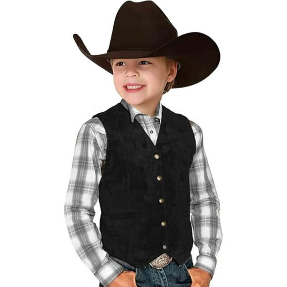 PMVFHDE Boys Tops Retro Boys Cowboy Vest Suede Leather Costume Style V Neck Casual Western Vest Vintage Waist Coat Boy Clothes Black，110