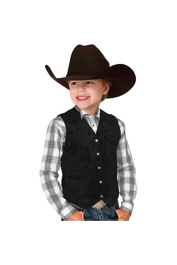 Retro Boys Cowboy Vest Suede Leather V Neck Vintage Waistcoat, Sizes 3-12