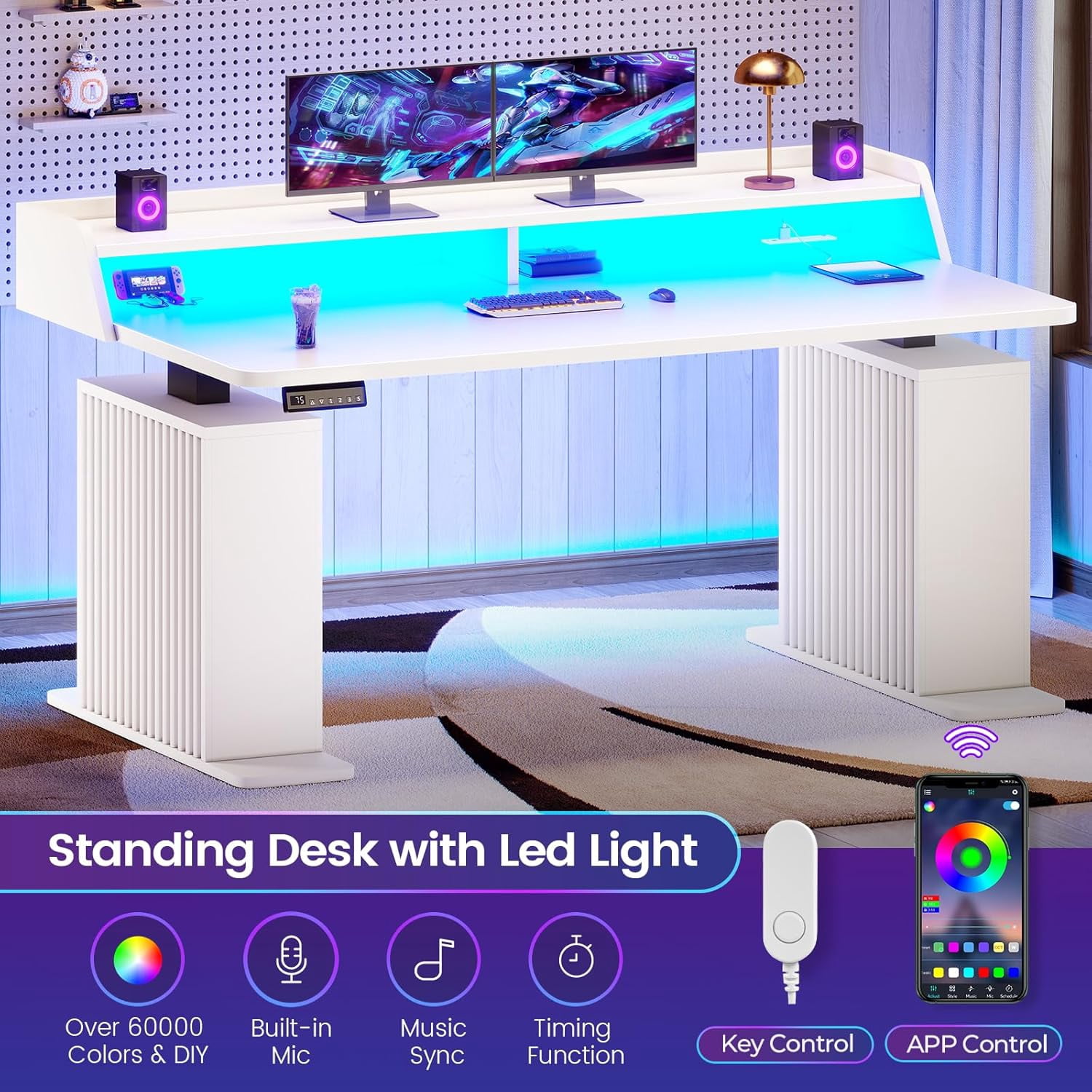 SEDETA Fluted Standing Desk with Storage, 55" Electric Stand Up Home Office Desk with Power Outlets & LED Lights，Farmhouse Computer Desk, Height Adjustable Table with Monitor Stand, White