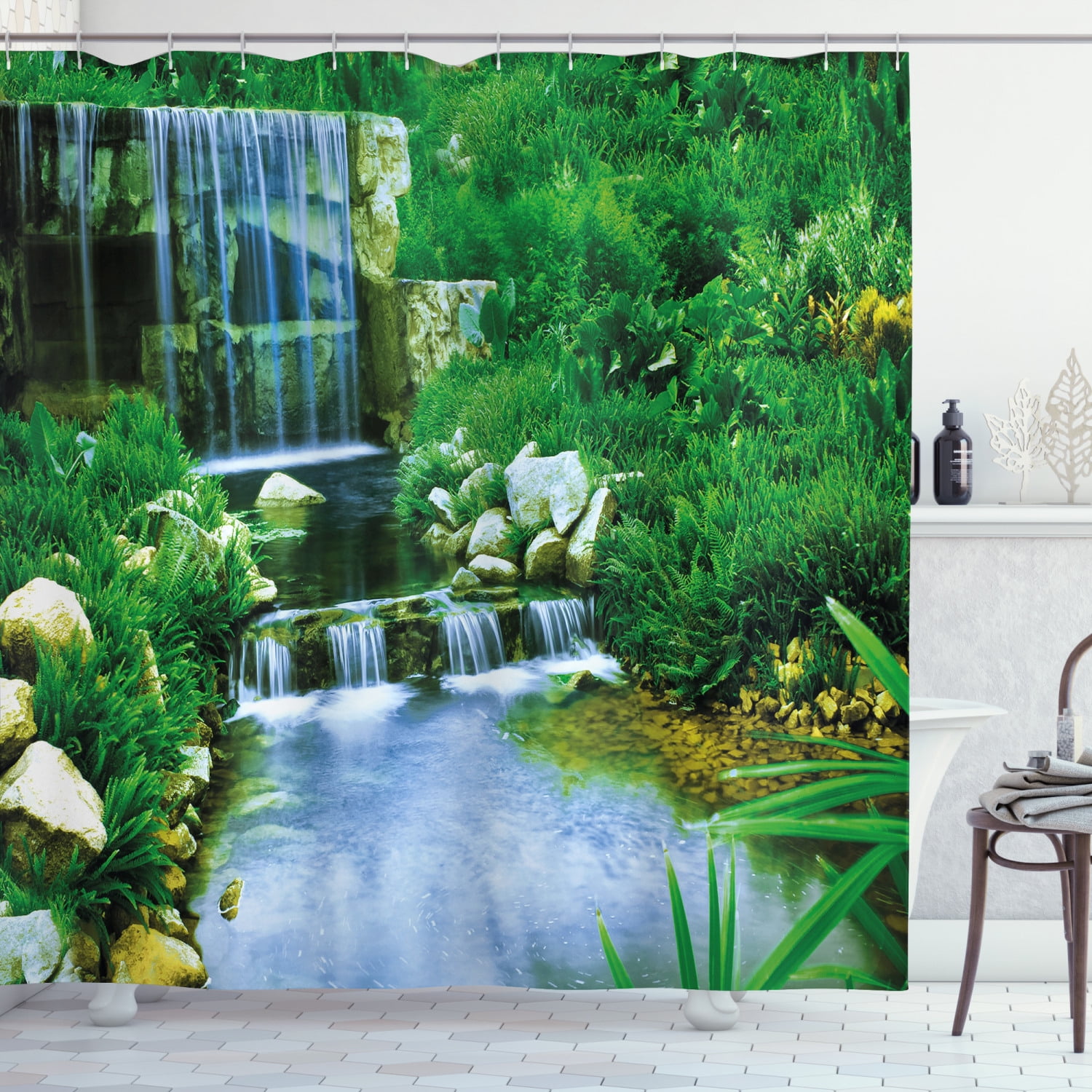Japan Waterfall Garden Shower Curtain Set Bath Mat Waterproof Fabric 12Hooks 72" 