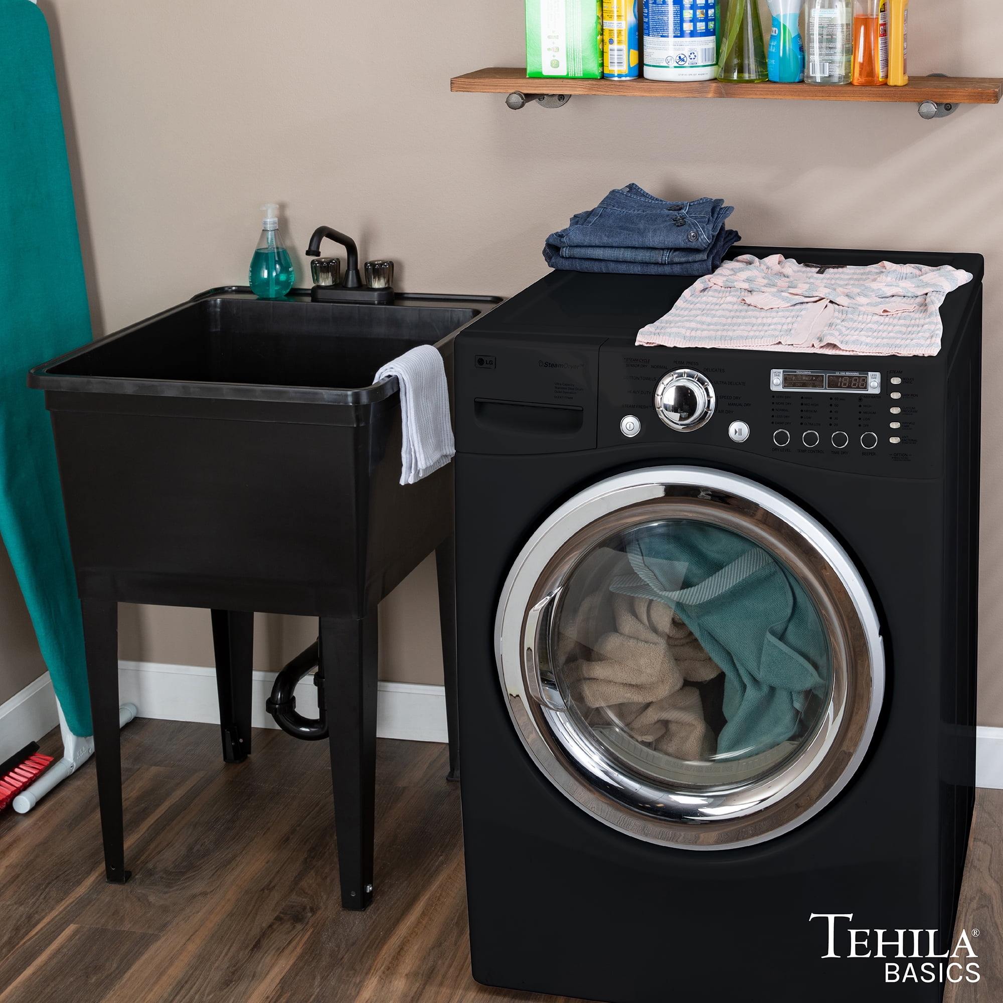 Tehila Black Freestanding Utility Sink with Rust-Proof Steel Legs and Adjustable Levelers for Laundry Room