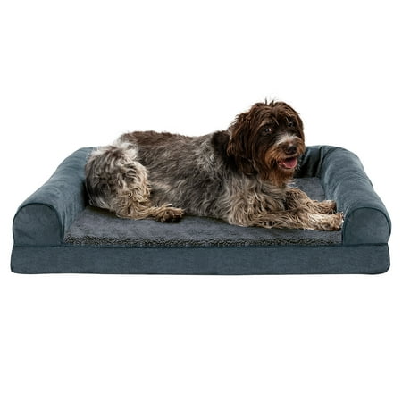 UPC: 0842229106350 | FurHaven Pet Products | Memory Foam Faux Fleece & Chenille Couch Sofa-Style Pet Bed for Dogs & Cats Orion Blue Jumbo