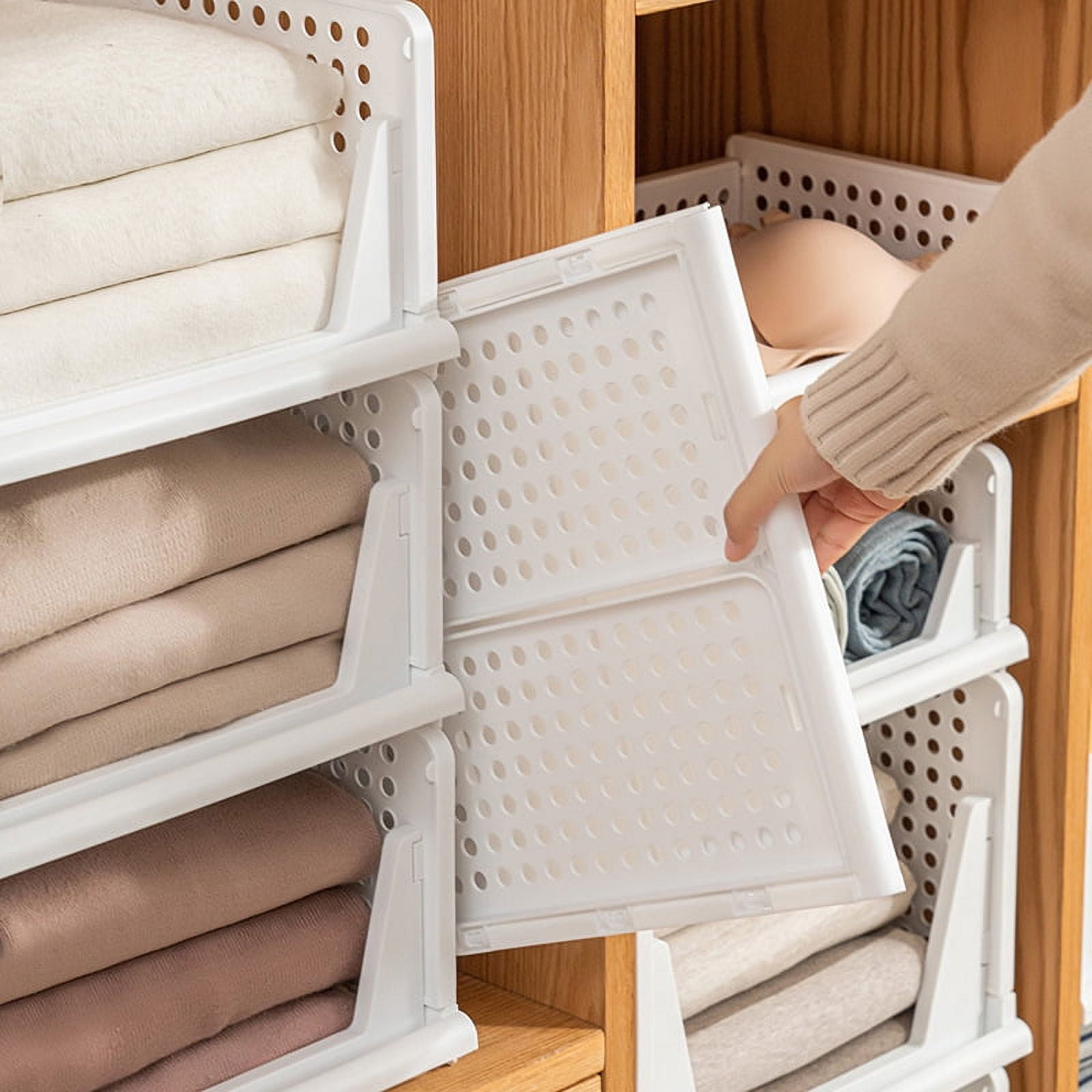 Folding Closet Organizers Storage Box, 4 Count Stackable Storage Basket, Closet Organizers and Storage Drawer Shelf Storage,for Wardrobe Cupboard Kitchen Bathroom Office, 4L
