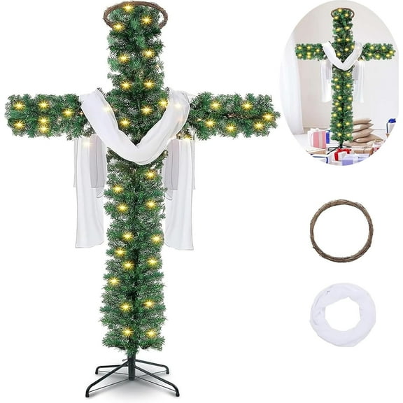 Bootesun 6FT Large Cross - Shaped Christmas Tree, Artificial Christmas Tree, Silk and Twinkling LED Lights, Outdoor Staked Twinkling Christmas Tree for Inside Outside Home Yard Decors