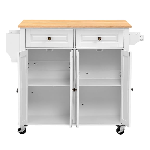 KFFKFF Kitchen Island Cart with Storage, 43.58 in Wide Rolling Storage Island on Swivel Wheels, Featuring 2 Drawers, Cabinet, Drop Leaf, Spice/Towel Rack, and Table for Home or Dining Room, White