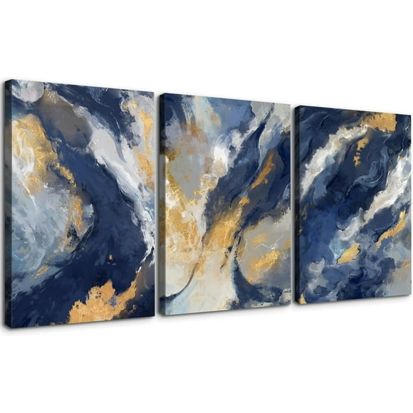 Art Mural Abstrait 3 Pcs, Peintures Bleues et Dorées, Déco Murale Minimaliste, Affiche Graffiti, Oeuvre Moderne, Image, Impression sur Toile HD, Encadré pour Salon, Chambre, Salle de Bain, 12"x16"x3 Panneaux