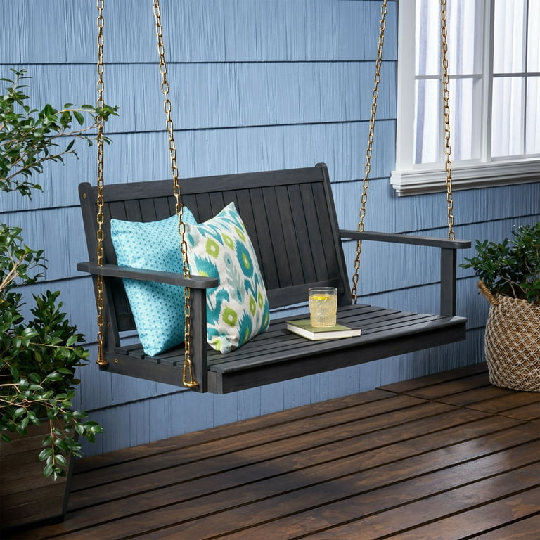 GDF Studio Caspian Outdoor Acacia Wood Porch Swing Dark Gray