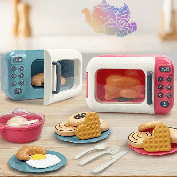 Kids Pretend Microwave Oven Toy, Simulation Kitchen Cooking Playset with Fake Food, Cookware & Tableware, Pretend Play Toy, Educational Role Play Gift for Boys and Girls Ages 3 and Up