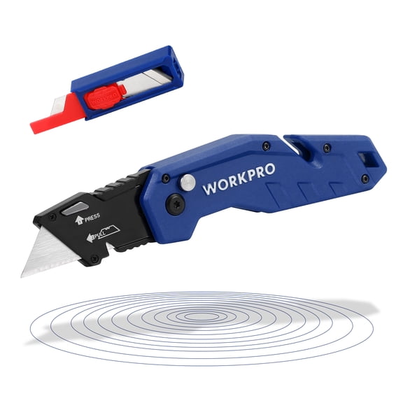 WORKPRO Folding Utility Knife, Box Cutter with Belt Clip, Quick-Change Blade, Lightweight Nylon Handle, Wire Stripper & Gut Hook, Extra 10 SK5 Blades Included, Blue