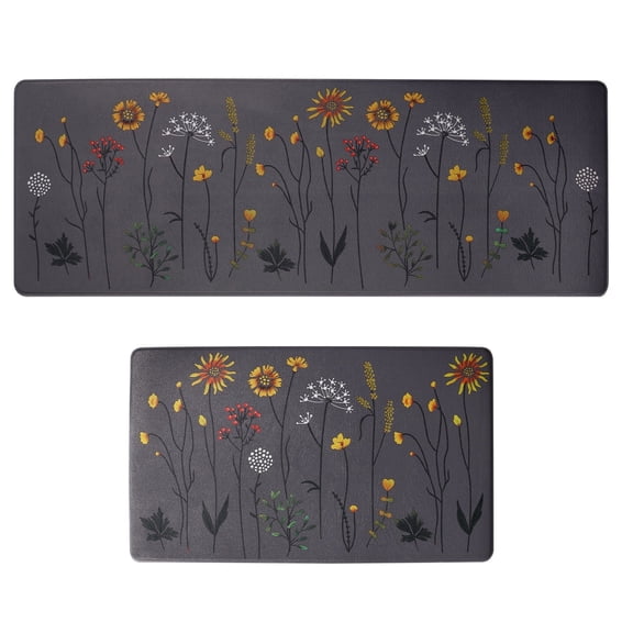 2 Pcs Colorful Floral Anti-Fatigue Kitchen Mats Set, Non-Slip and Cushioned for Floor, Sink, and Office Use, Sizes 17" x 47" and 17" x 29",(Grey)