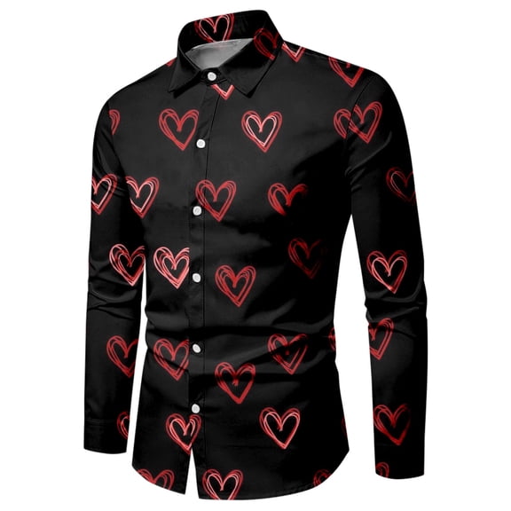 BlankRift Mens Long Sleeve Dress Shirts Valentines Lapel Button Up Shirt Men Casual Love Heart Print Tops Slim Fit Lightweight Men Dress Shirt Black L