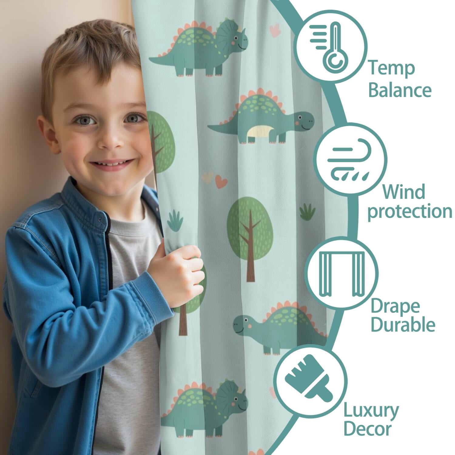 Blackout Kids Curtains,LightBlue Cartoon Dinosaurs Trees Pattern Childrens Insulated Curtains Set Of 2,Bedroom Essentials,Toddler Room Decor 42"x54"